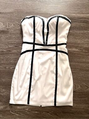 bebe White Strapless Mini Dress with Black Trim